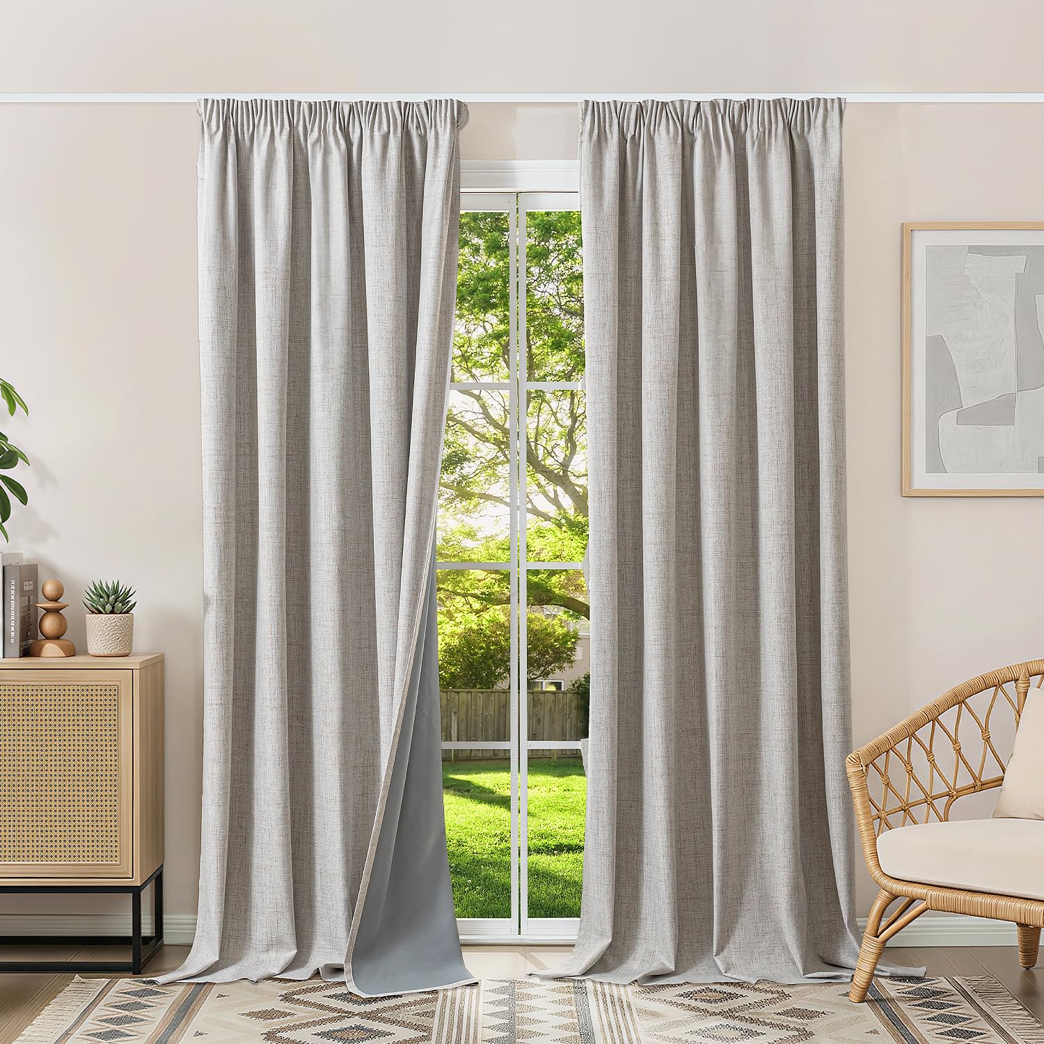 Runyéla 100% Blackout Curtains Pencil Pleat Linen Curtain for Bedroom Living Room Thermal Insulated 46 x 90 Inch Drop 2 Panels Greyish White