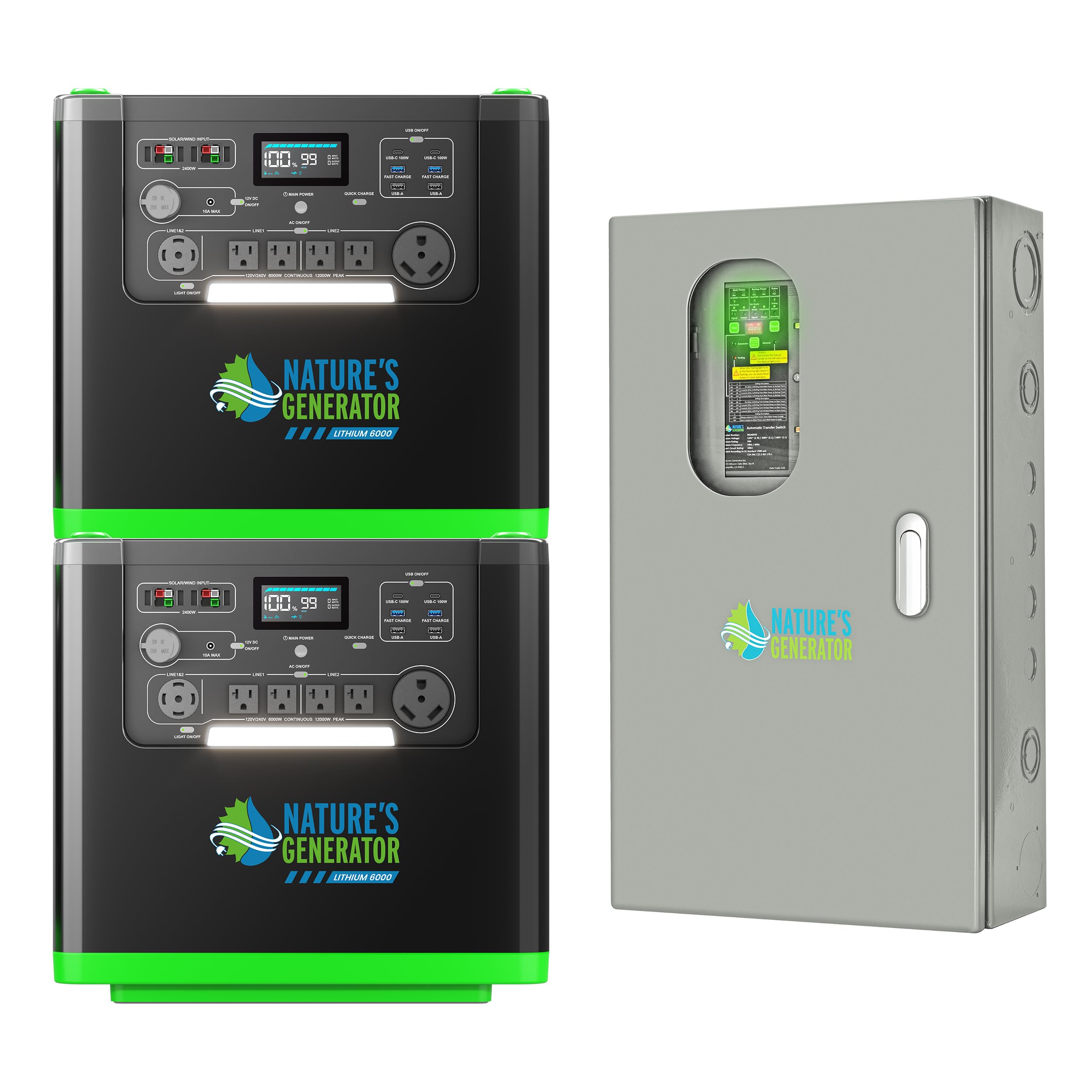 Natures Generator 2 Packs 3840Wh Solar Generator 50A Automatic Transfer Switch Lithium Batteries 6000W Power Station for Home