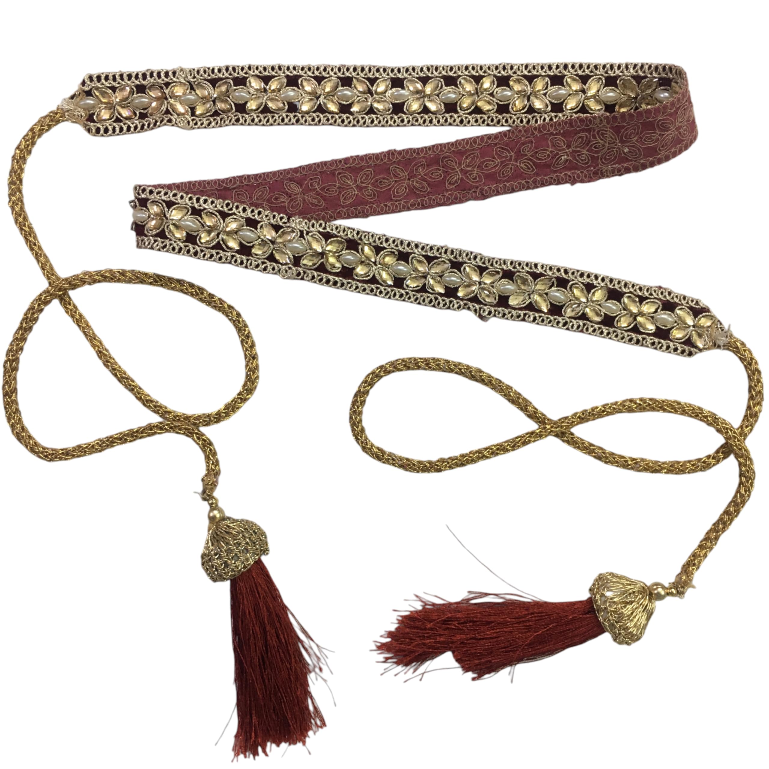 Traditional and Beautiful Maroon Velvet Embroidery Belt for Women | Perfect Vaddanam and Kamarbandh | Saree Belt for Women, Waist Belt For Girls With Decorative stone kundan moti-image-46