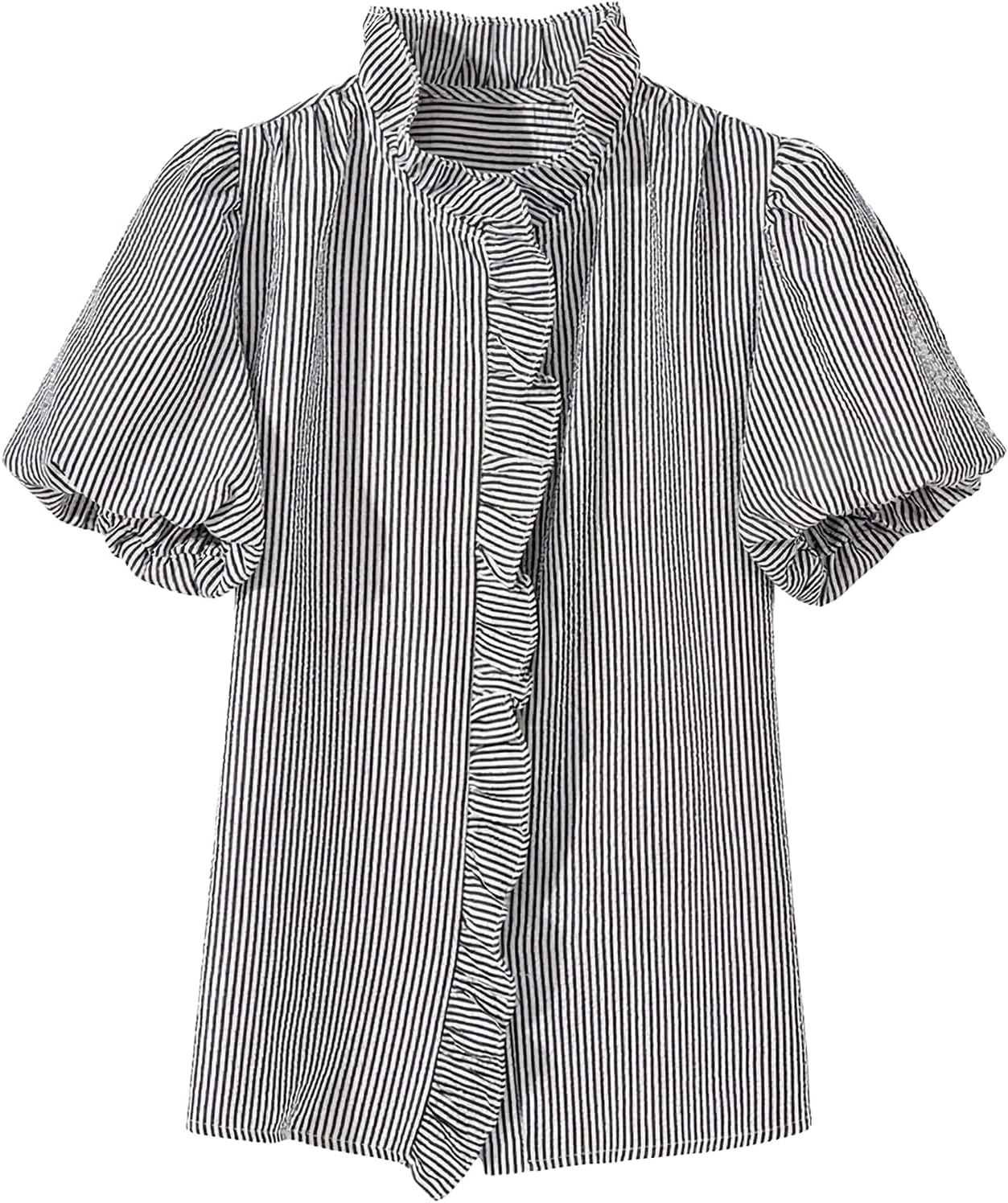Floerns Women's Striped Collared Ruffle Blouse Elegant Short Sleeve Business Casual Shirts