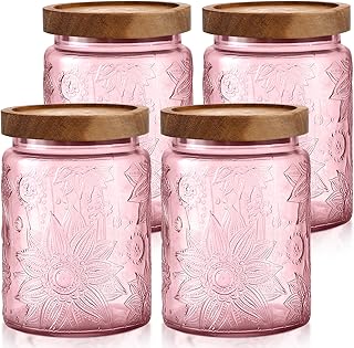 LemonRoad 4 Pcs Vintage Glass Storage Jars 23.67 oz Candy Jar Canister w...