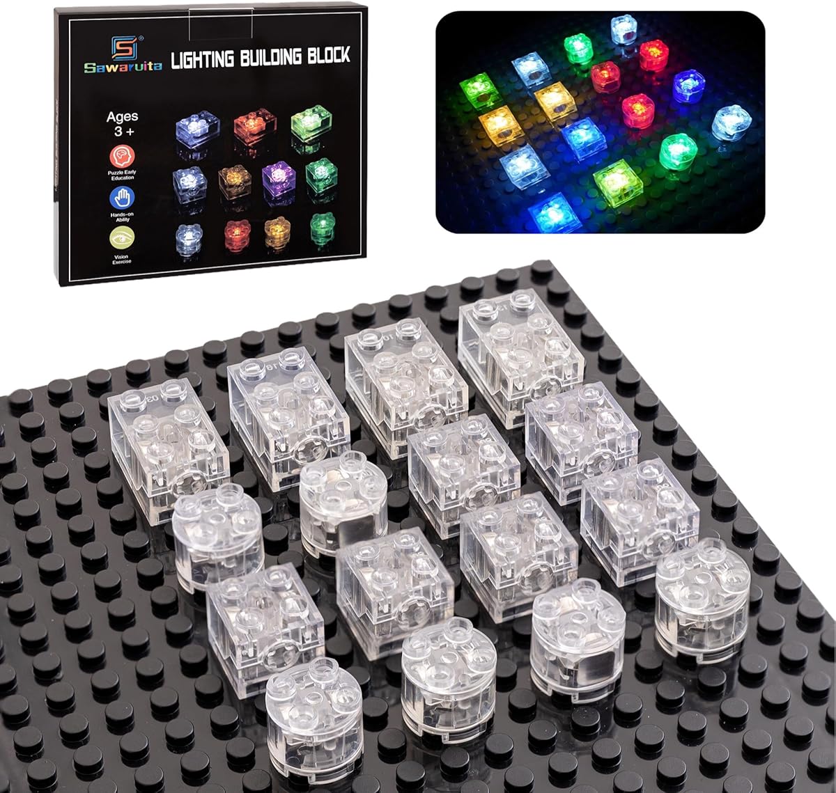 Sawaruita 16PCS Light Up Building Bricks Multicolor LED Light Brick Sets Classic Transparent 2x2 2x3 Building Block Accessories Kit Toys Compatible with All Major Brands