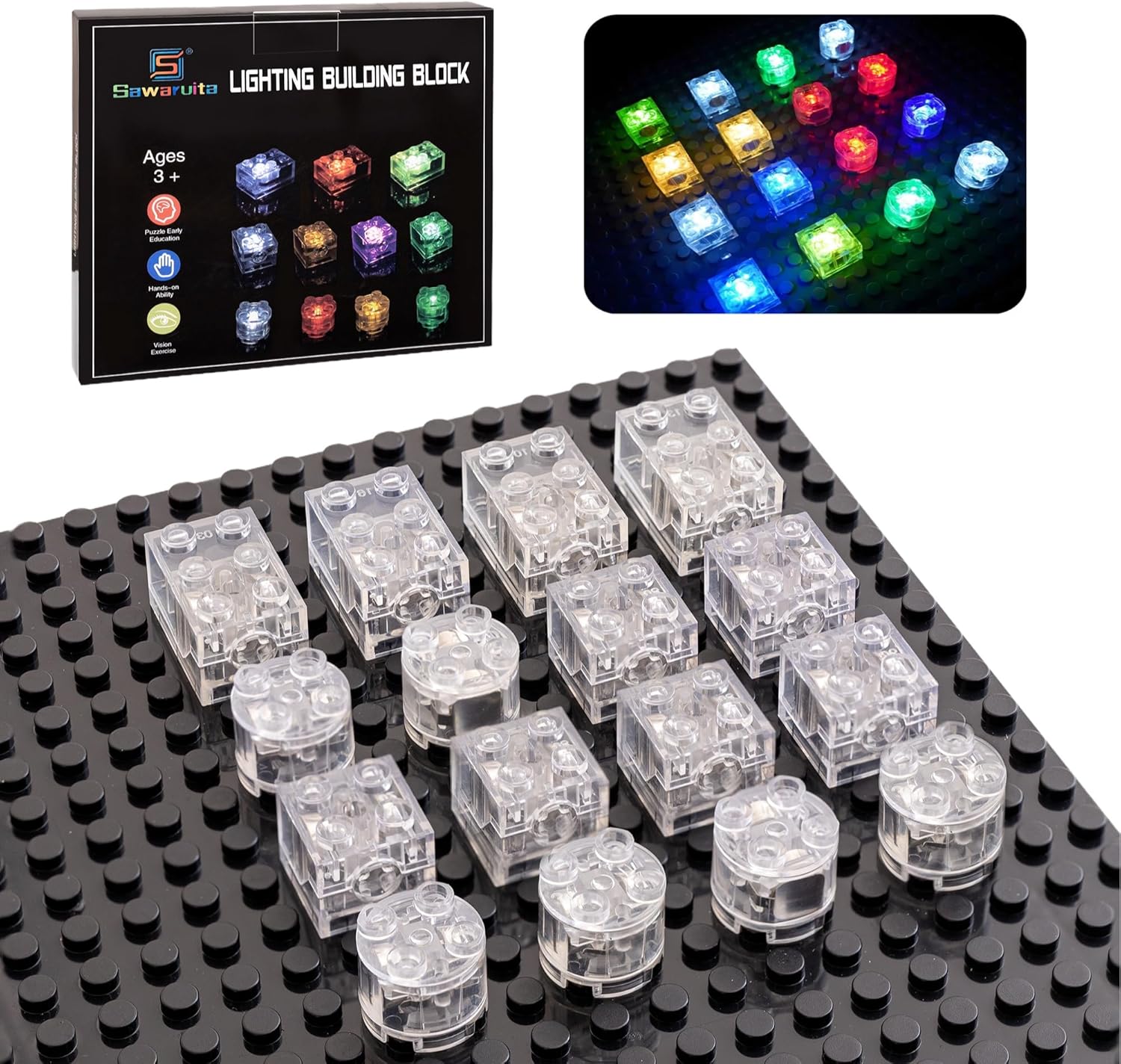 Sawaruita 16PCS Light Up Building Bricks Multicolor LED Light Brick Sets Classic Transparent 2x2 2x3 Building Block Accessories Kit Toys Compatible with All Major Brands