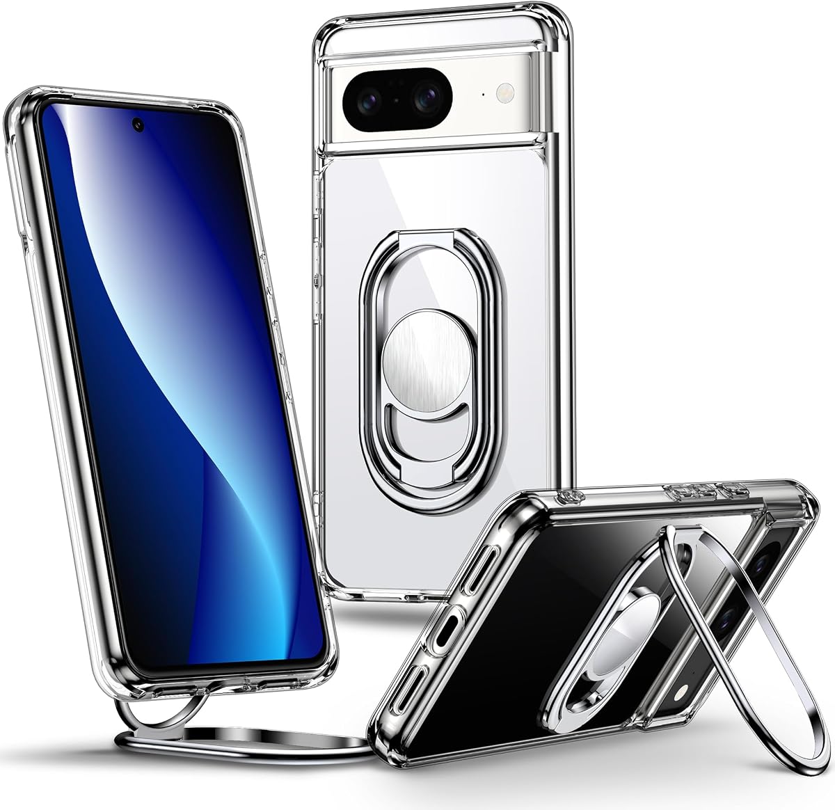 for Google Pixel 8 Case with Stand, 2-Way Stand, Clear | Double Ring Holder, Adjustable & Foldable, Shockproof Protective Cover, 360° Rotation Kickstand, Hands-Free Viewing