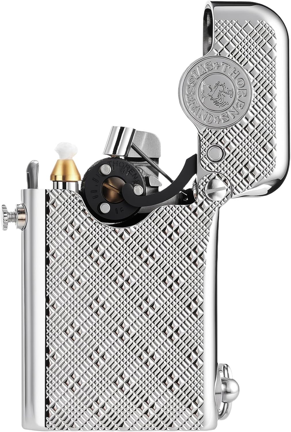 Vintage Automatic Ignition Refillable Soft-Flame Brass Kerosene Lighter, Safety Lock, Grinding Wheel, Engraving, Luxury, Collectible, Men's Gift, Thorens Gen 1 Single Claw Plum Pattern Silver