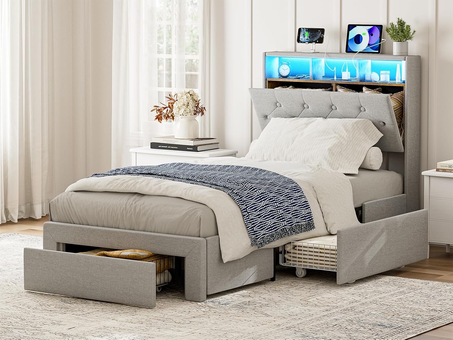Twin XL Bed Frames with Storage Drawers, Hidden Storage Headboard with LED Lights & Charging Station, Upholstered Twin XL Platform Bed, No Box Spring Needed, Noise-Free, Light Grey