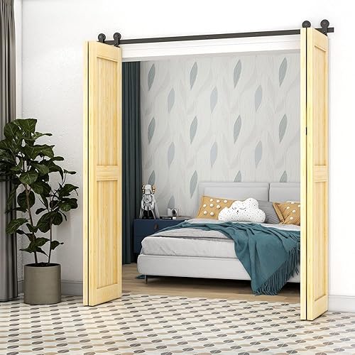 Miniatura 2 de Kit de herrajes para puerta de granero plegable de 48 pulgadas4 pies, kit de riel de rodillos resistente para 4 puertas montado en la parte