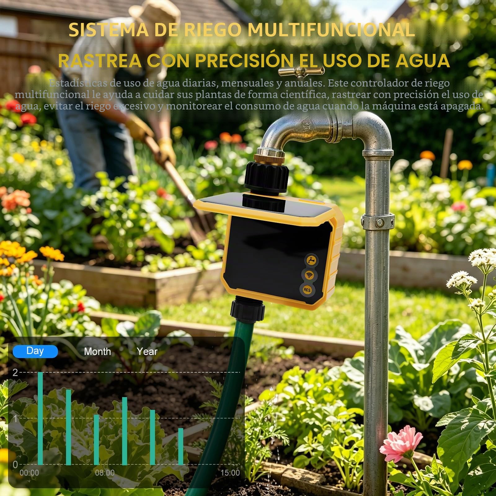 Programadores de Riego WiFi,Temporizador de Riego Automático WiFi Solar Control Remoto con Función de Retardo por Lluvia,para Jardines,Invernaderos y Césped