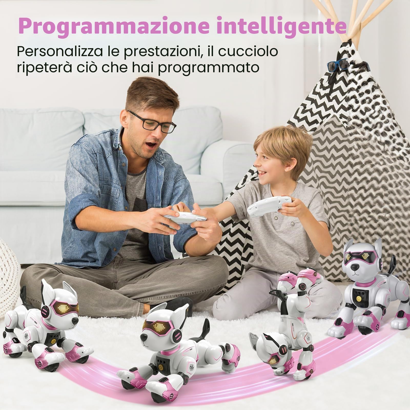 PRANITE Cane Robot per Bambini, Robot Cane Programmabile e Telecomandato, Giocattolo Interattivo Ricaricabile con Controllo Vocale e Gesti, Musica e Danza, Idea Regalo per Bambini e Bambine