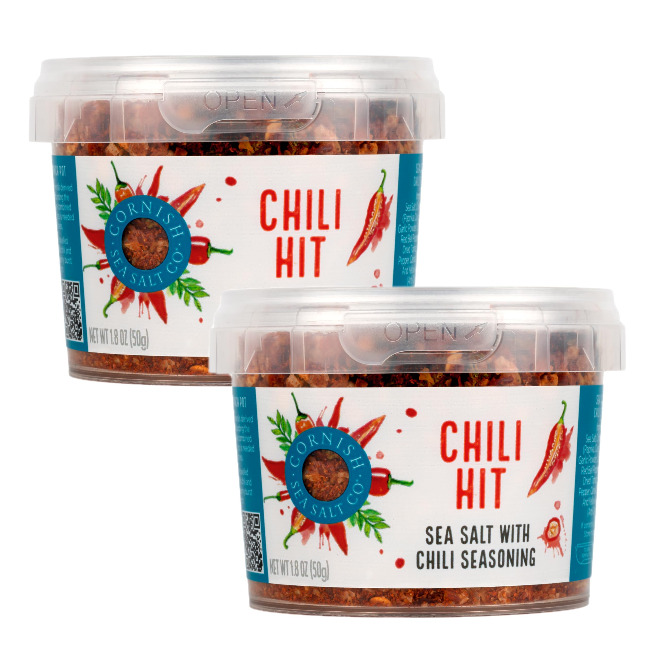 Cornish Sea Salt Chili Hit Seasoning | Cooking & Hydration | Hand-Harvested in Celtic Waters | 1.8 oz Resealable Tub (Pack of 2)