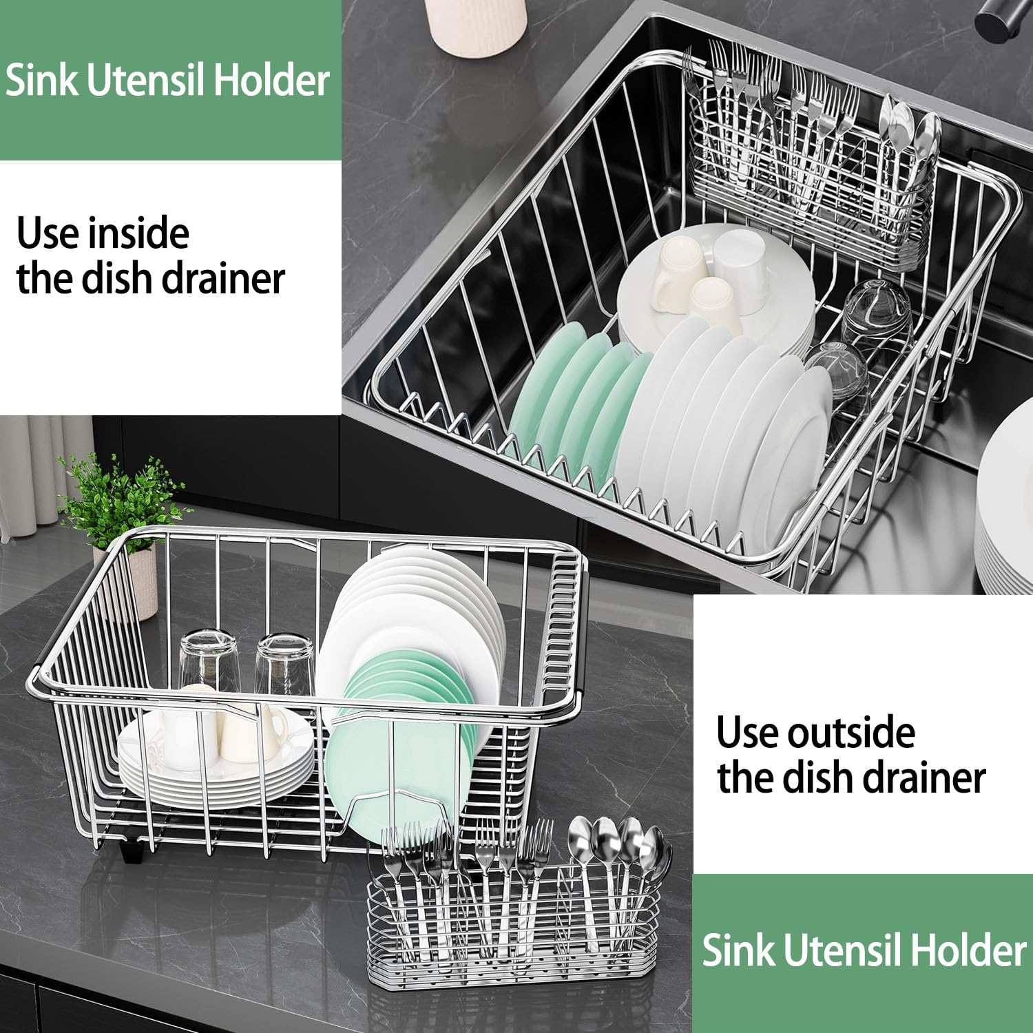 Soporte para utensilios de acero inoxidable 304, estante de secado de cubiertos con ganchos para escurridor de platos, cuchillo y tenedor con 3 compartimentos divididos, accesorios de cesta de drenaje
