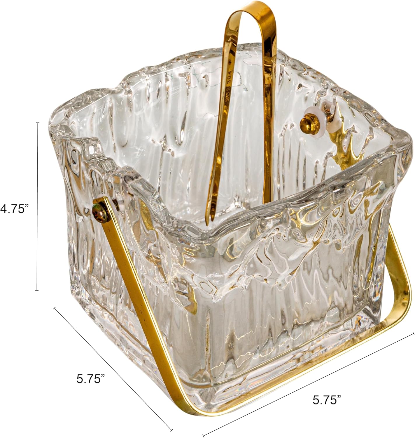 Creative Co-Op 24-Ounce Textured Glass Ice Bucket with Gold Finish Handle and Tongs, Clear/Gold
