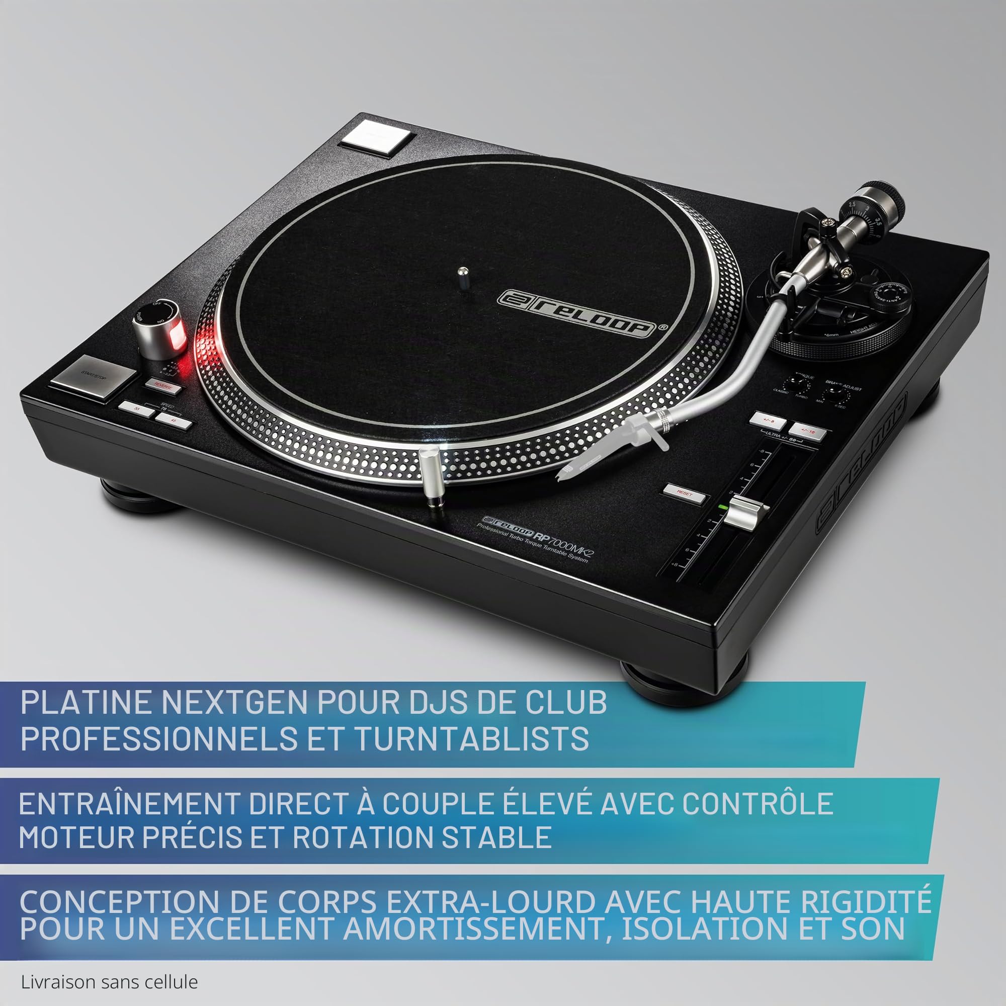 Reloop RP-7000 MK2 - Platine DJ Professionnelle avec entraînement Direct Upper Torque Quartz, Nouvelle Base de Bras de Lecture, réglable en Hauteur statiquement