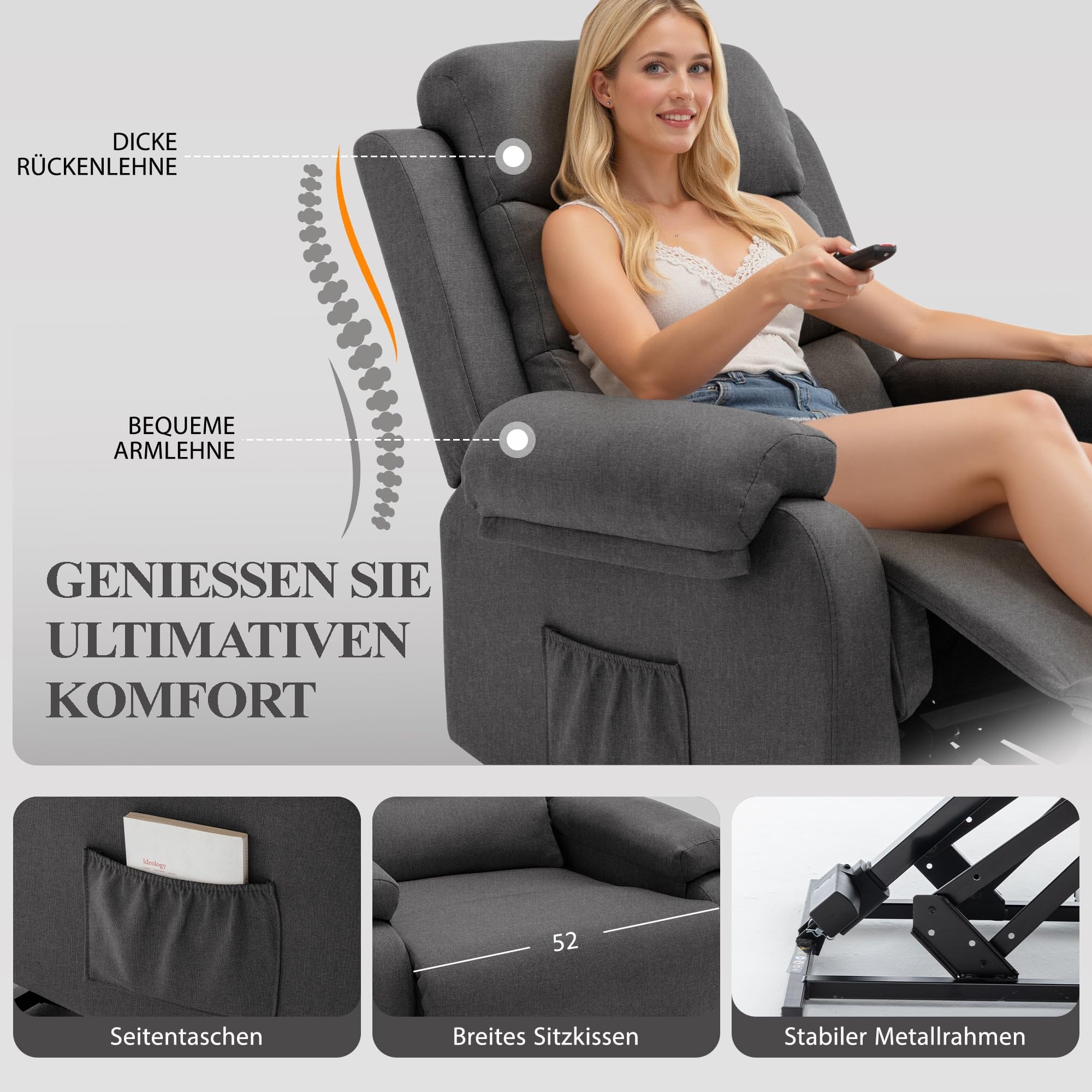 Korser Relaxsessel mit Liegefunktion für Erwachsene, Elektrischer Fernsehsessel mit Aufstehhilfe, Massagesessel mit Wärmefunktion, TV Sessel mit Memory-Funktion für Wohnzimmer Schlafzimmer, Darkgrey