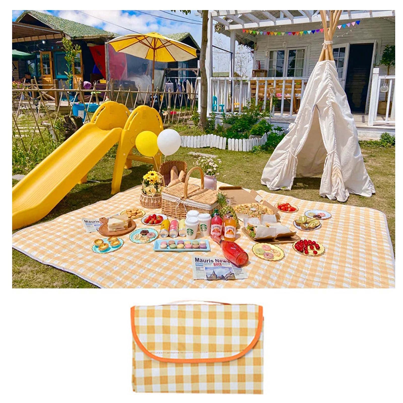 Outdoor Picnic Blanket, 200x200 cm Waterproof Backing Beach Blanket with Handle, Foldable Picnic Mat Rug for Family Park Camping (Color : Yellow grid)