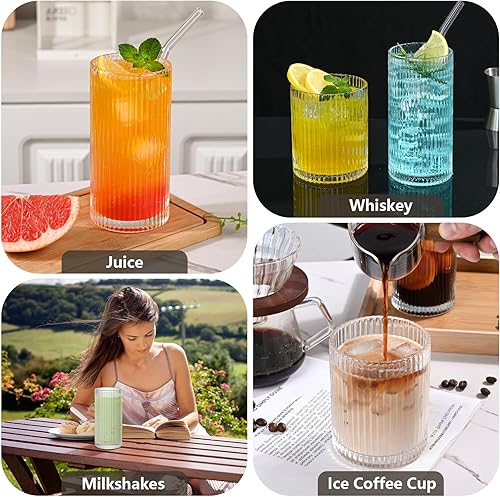 Miniatura 8 de Juego de 8 vasos de cristal vintage acanalados, 4 vasos altos de 12 onzas, vasos de 4 rocas de 14 onzas, vaso de cóctel acanalado, utilizado para