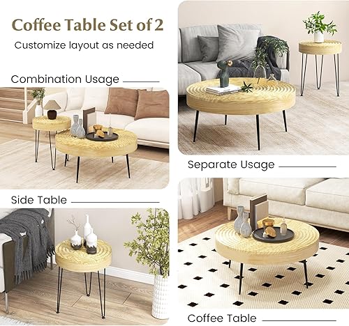 Miniatura 6 de Giantex Juego de 2 mesas auxiliares redondas bohemias, mesa anidable lateral para sofá con parte superior de madera de pino maciza, patas de metal y