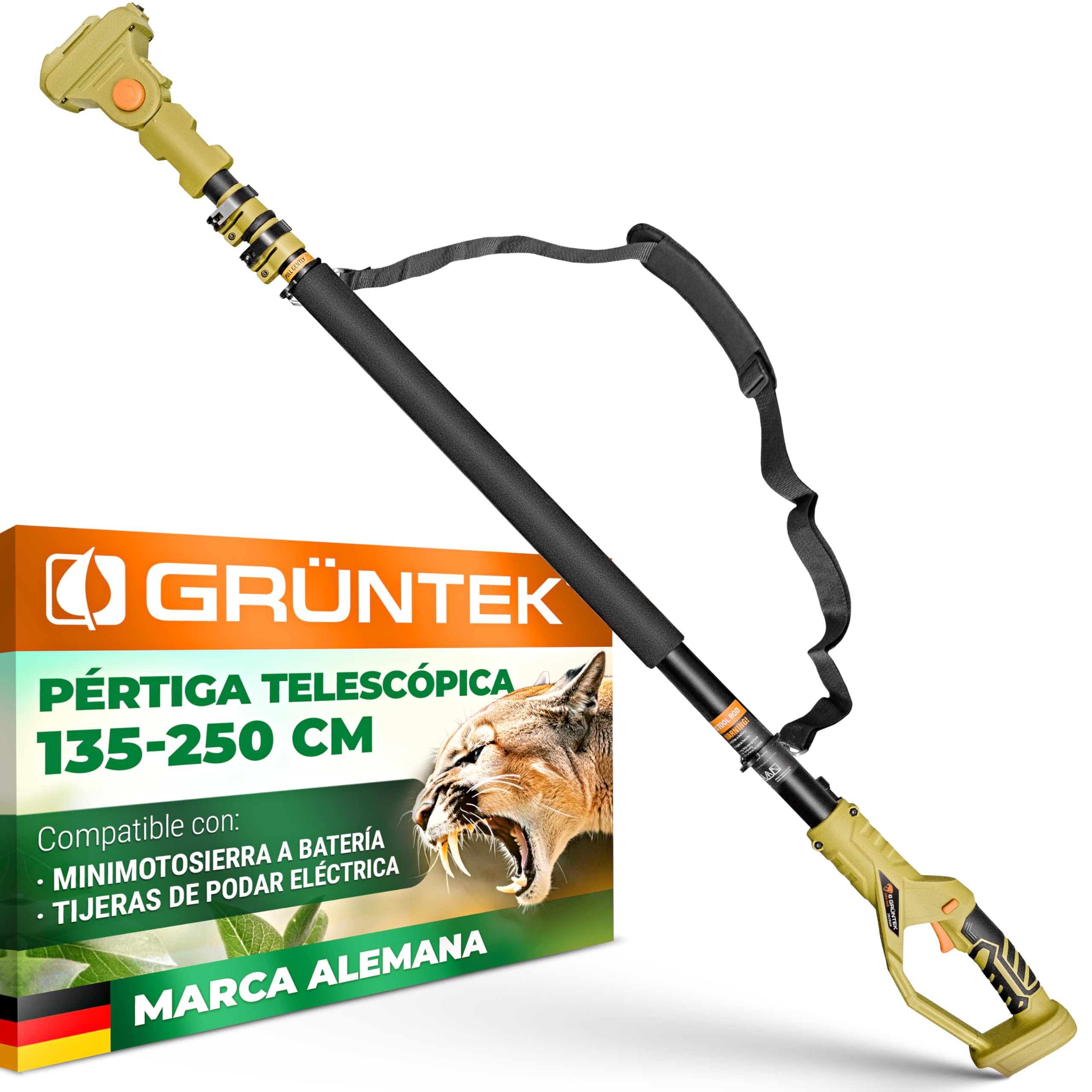 GRÜNTEK Pértiga Telescópica – Mini Motosierra Batería Telescópica y Asta Tijera de Podar Eléctrica (solo GRÜNTEK) – Pertiga Motosierra Eléctrica 135-250 cm para Corte y Poda de Ramas en Altura