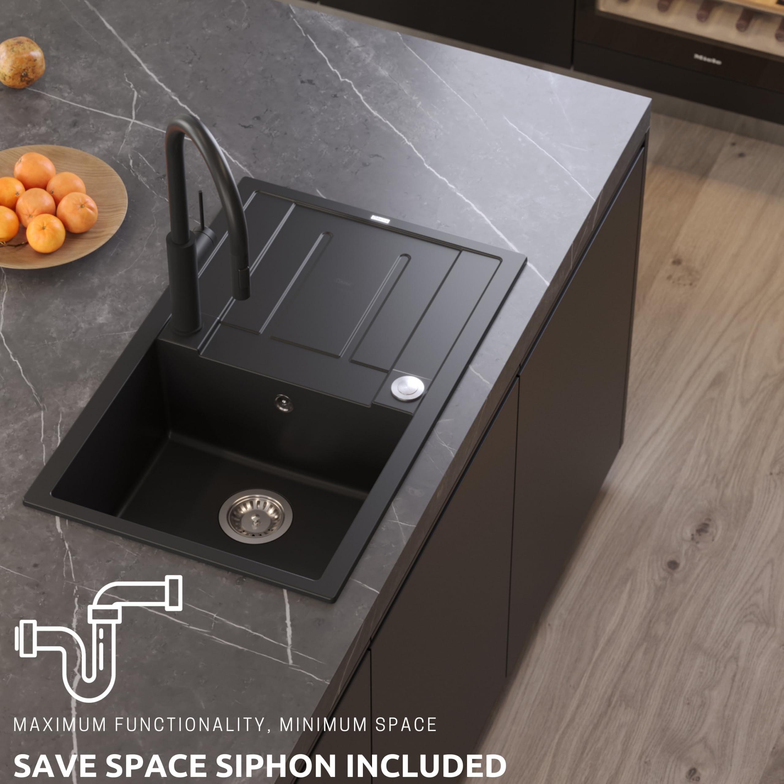 QUADRON fregadero de cocina negro fregadero de granito | tamaño 62 x 50 x 22 cm, color: negro y acero | MORGAN 116 fregadero de un seno con escurridor | fregadero empotrado con orificio para grifo