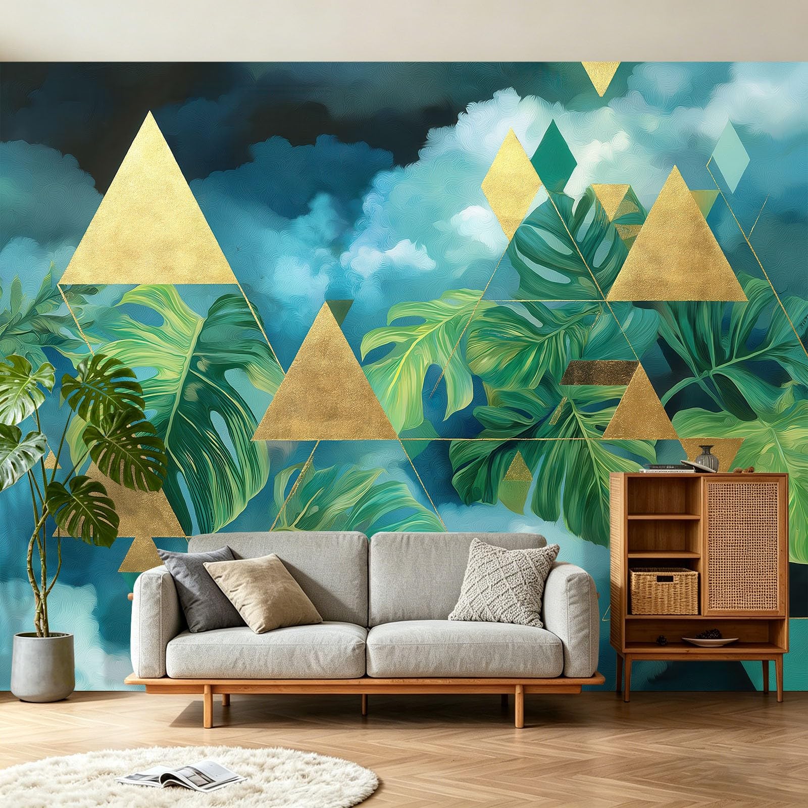Panoramiczna tapeta z włókniny botaniczna monstera liście zielona geometria plakat obrazy ścienne używane do salonu dekoracja ścienna do pokoju dziecięcego 350 x 256 cm, dorośli