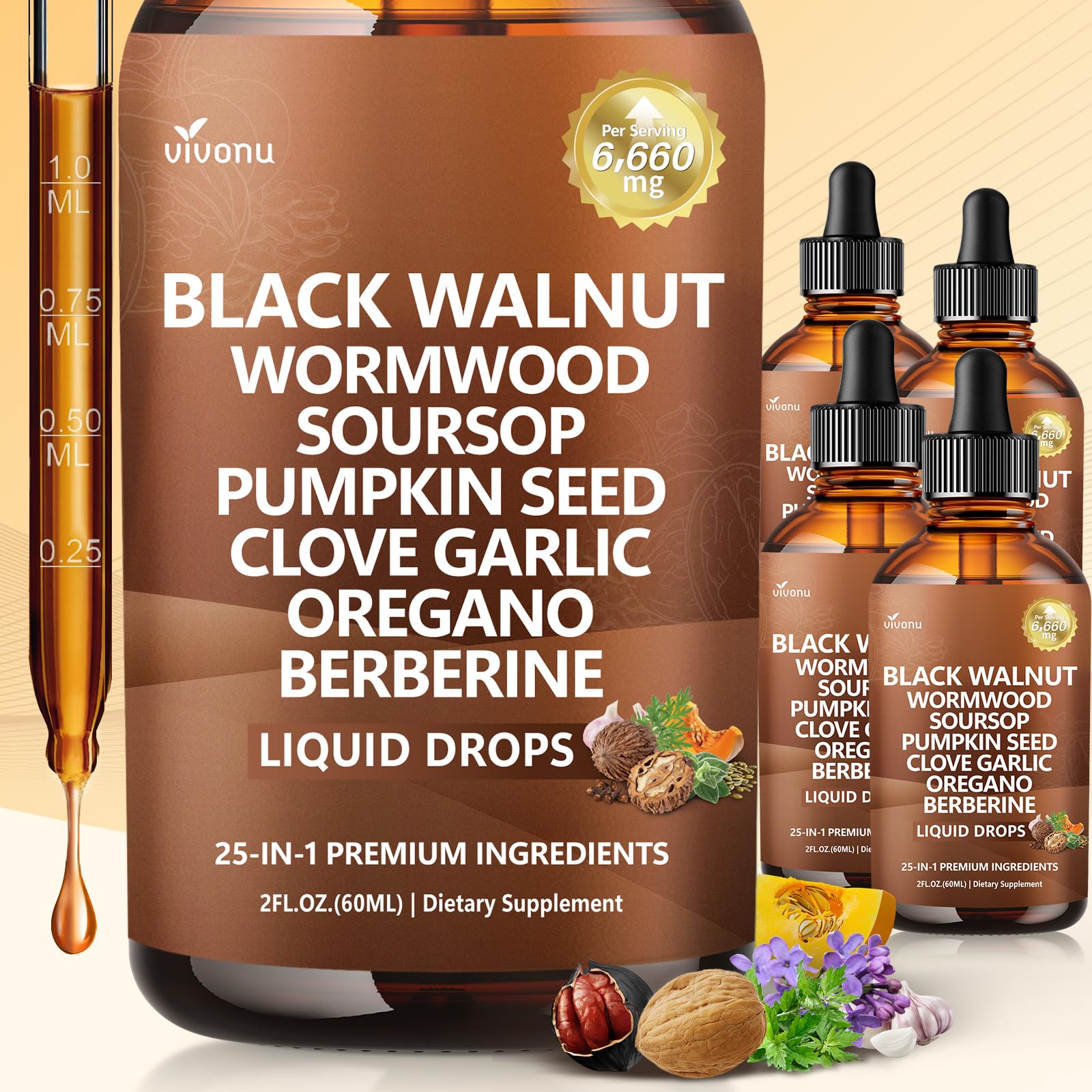 25-in-1 Liposomal Black Walnut Wormwood Tincture Cleanse for Humans – 6660mg Liquid Drops with Clove, Garlic, Pumpkin Seed, Oregano, Purple Daisy, Burdock Root – Lymphatic Drainage Support,8 Fl Oz
