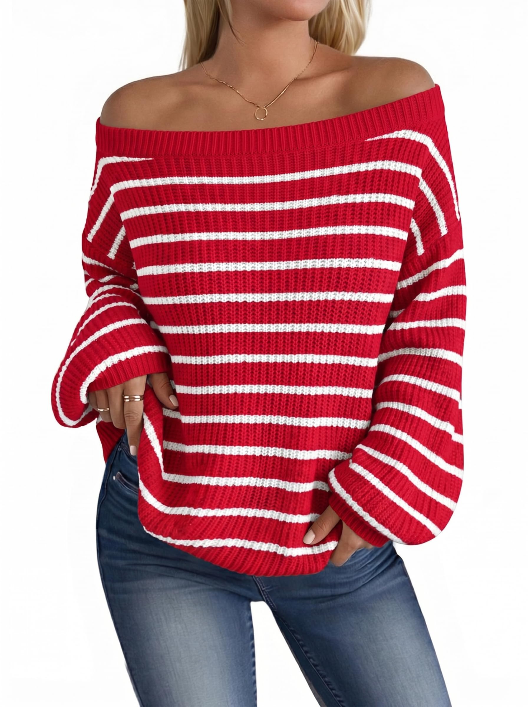 MARZXIN Women's 2026 Fall Long Sleeve Sweaters Casual Loose Striped Off Shoulder Casual Oversized Knitted Sweater Pullovers
