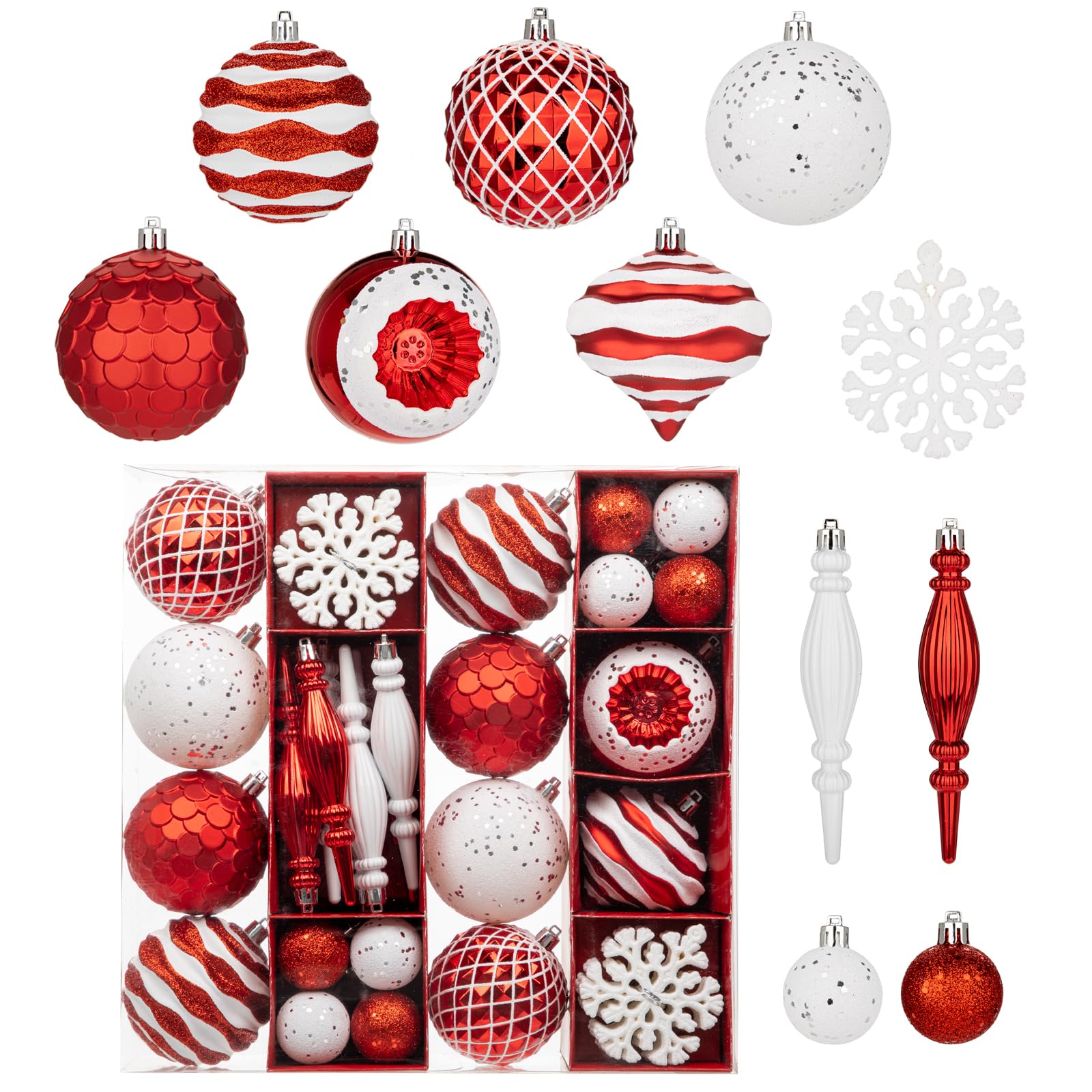 Oairse 50 pcs Christmas Baubles Ornaments Set Glitter Red and White Shatterproof Xmas Ball for Christmas Tree Decorations Hanging Baubles Ornaments for Xmas Tree Holiday Party Wedding Home Decor