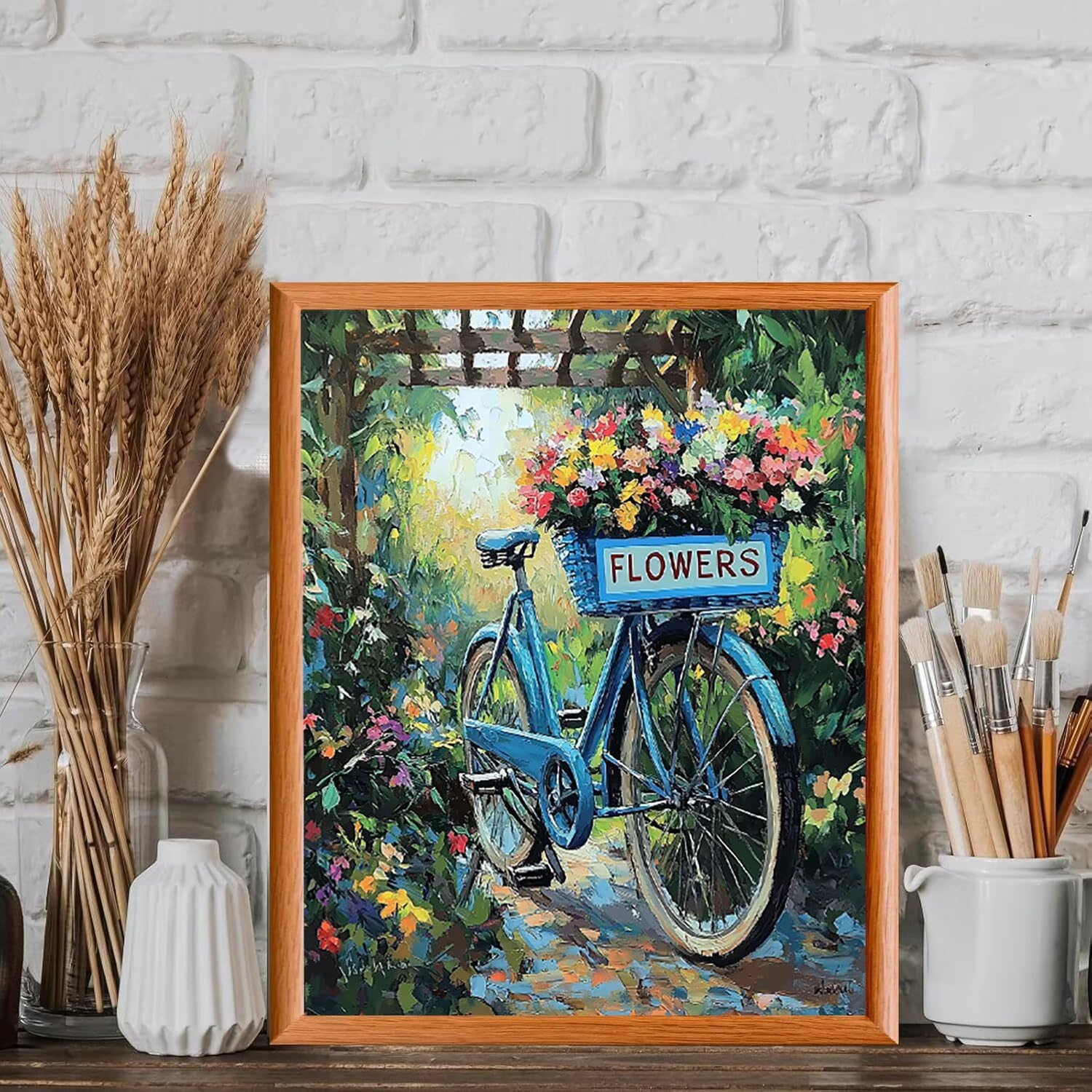 WEISHIWE Malen nach Zahlen Erwachsene Blumen mit Fahrrad, 70x90cm x-442 | Malen nach Zahlen Erwachsene Leinwand Kit, DIY Handgemalt Ölgemälde Set mit 3-Pinseln und Acrylfarbe für Wanddeko,Ohne Rahmen
