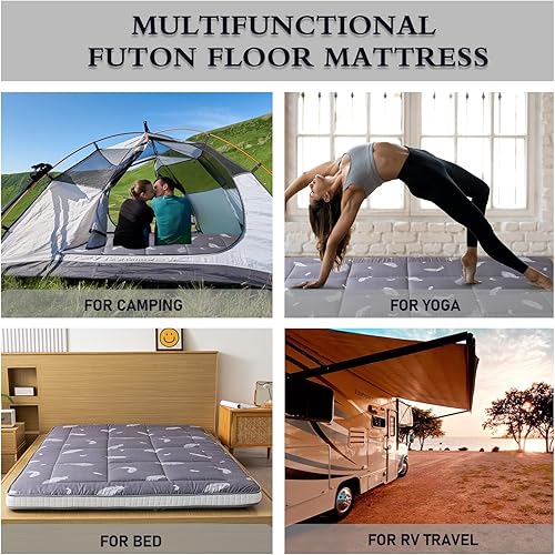 Miniatura 8 de YOSHOOT Colchón de futón extra grueso, colchón acolchado plegable japonés enrollable para dormir, plegable para acampar portátil Shikibuton, Plumas