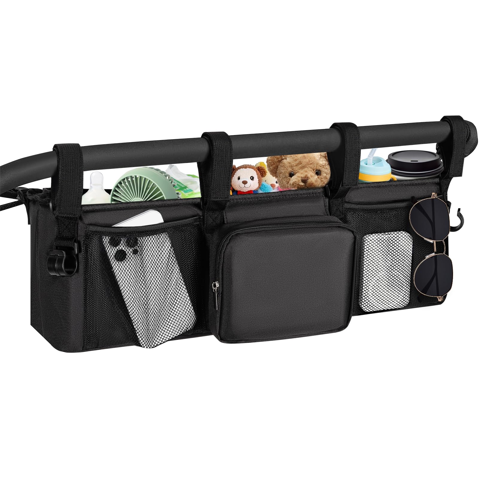 Double Stroller Organizer for Bob Duallie and Baby Jogger City Mini GT2, Double Baby Stroller Accessories with 2 Cooler Pockets, Parent Console Double Jogging Stroller Caddy with Zipper Bag(Bag Only)