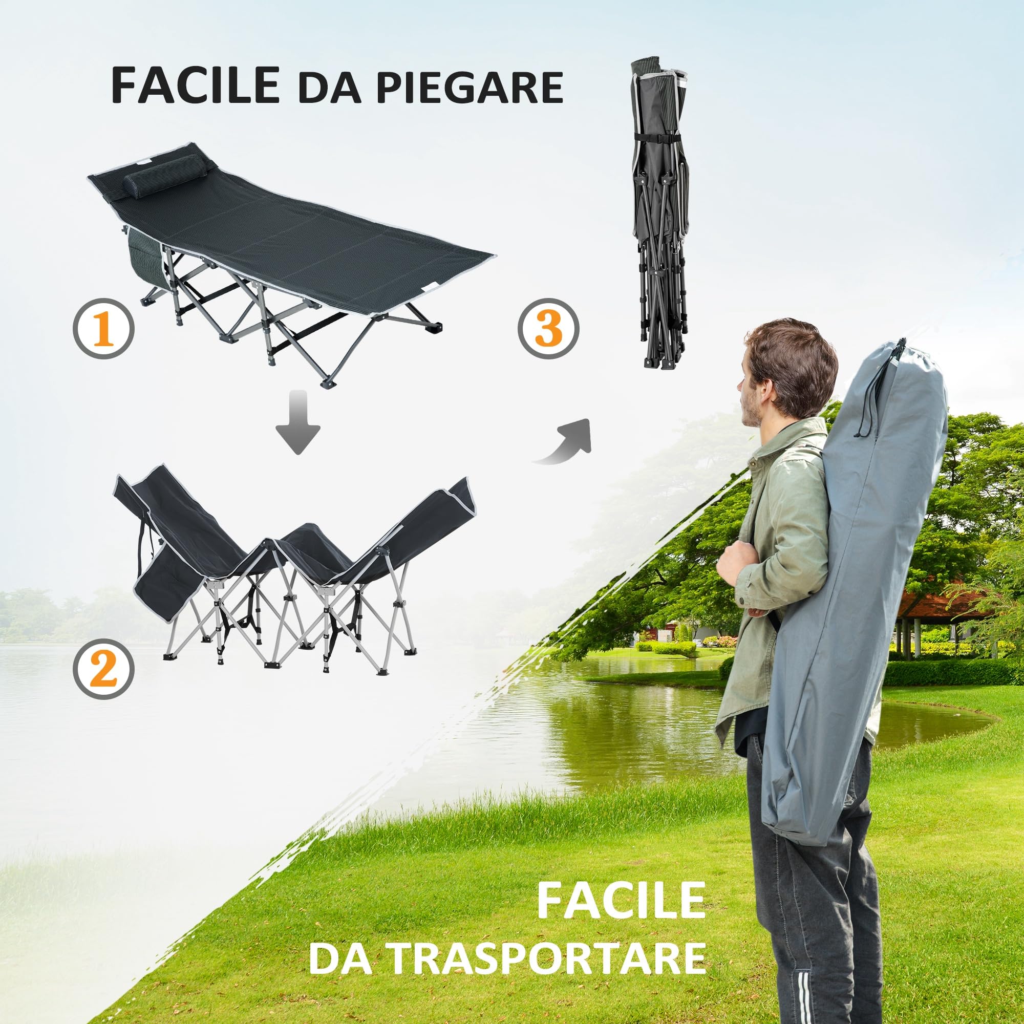 Outsunny Lettino Pieghevole con Tasca Portaoggetti e Borsa da Trasporto, Brandina da Campeggio Imbottita e Rialzata, 188x64.5x53 cm, Grigio
