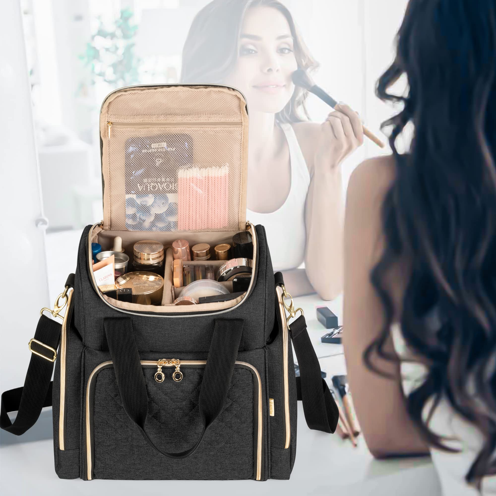Luxja Kulturtasche Damen, Make Up Organizer Tasche, Kosmetikkofffer für Make up, Kosmetiktasche zum Tragen, Reise Kulturbeutel für Mädchen, Männer und Frauen, Schwarz | Kosmetikkofffer für Make up, Kosmetiktasche zum Tragen, Reise Kulturbeutel für Mädchen