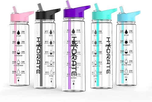 HYDRATE Botellas de agua motivacionales de alta calidad de 30.4 fl oz con pajilla. Ingesta diaria de agua con marcas de tiempo, sin BPA. A prueba de