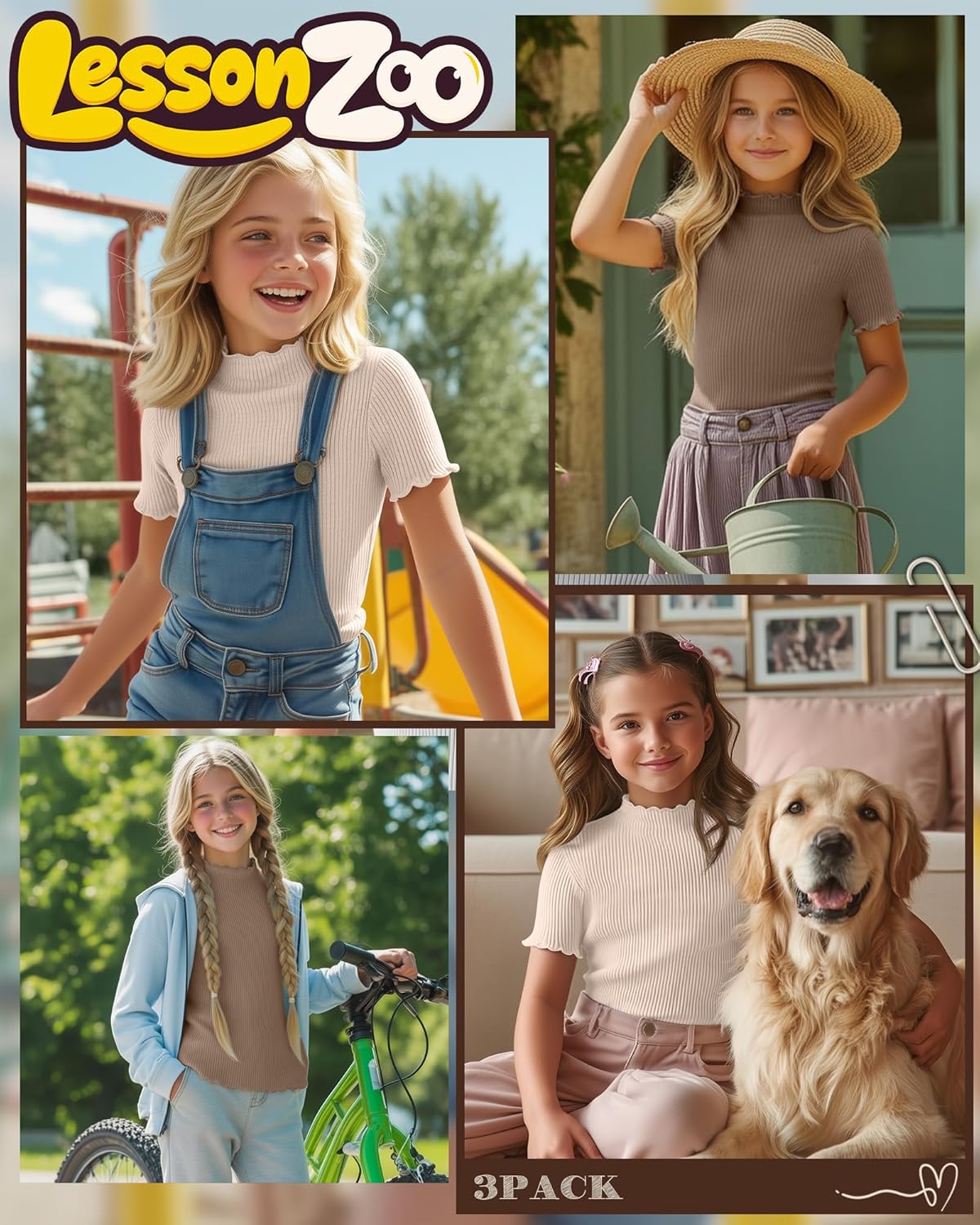 3 Pack Girls Mock Turtleneck Cotton Ribbed Shirts Short Sleeve Slim Lettuce Trim Tops Kids Casual Cute Basic Tees - Image 3