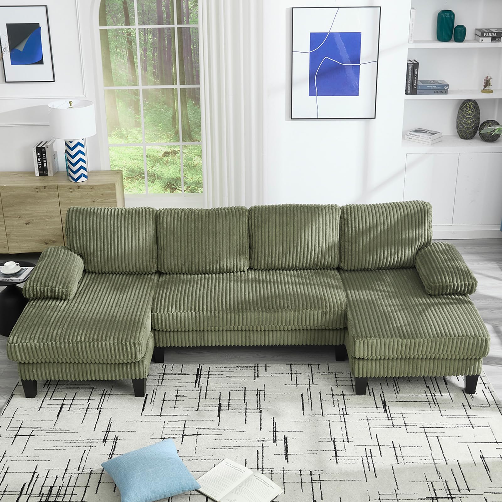 114.2" U-Shaped Sectional Sofa for Living Room, Corduroy U-Shaped Couch with Double Chaises, 4-Seater Comfy Cloud Sofa for Home Furniture, Office &