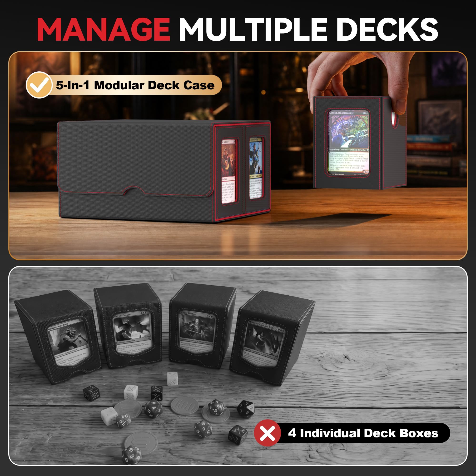 Scatola porta mazzi per MTG con display Commander, scatola per carte 5 in 1 adatta a oltre 400 carte con doppio sleeve, custodia rimovibile per TCG/carte sportive con vassoio per dadi, 4 porta carte
