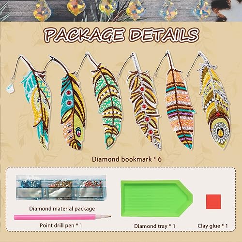 Miniatura 2 de 6 marcapáginas de plumas de pintura de diamante 5D marcadores de dibujo de diamantes de hoja pluma pavo real marcadores de diamantes de imitación