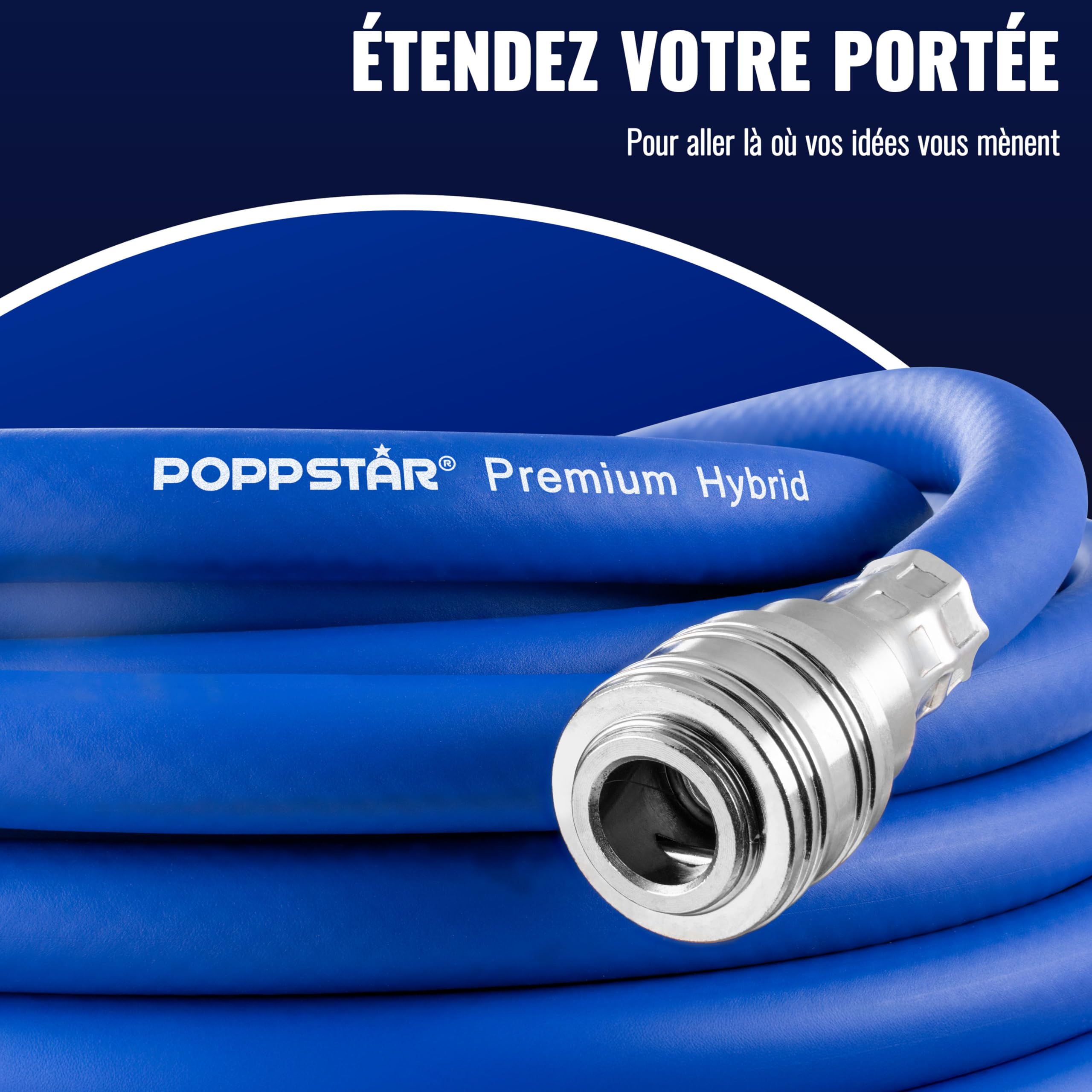 Poppstar Tuyau d'air comprimé de 30 m pour compresseur (en PVC hybride avec garniture, Diametre interieure 9,2mm avec raccord rapide standard), jusqu'à 20 bar, bleu