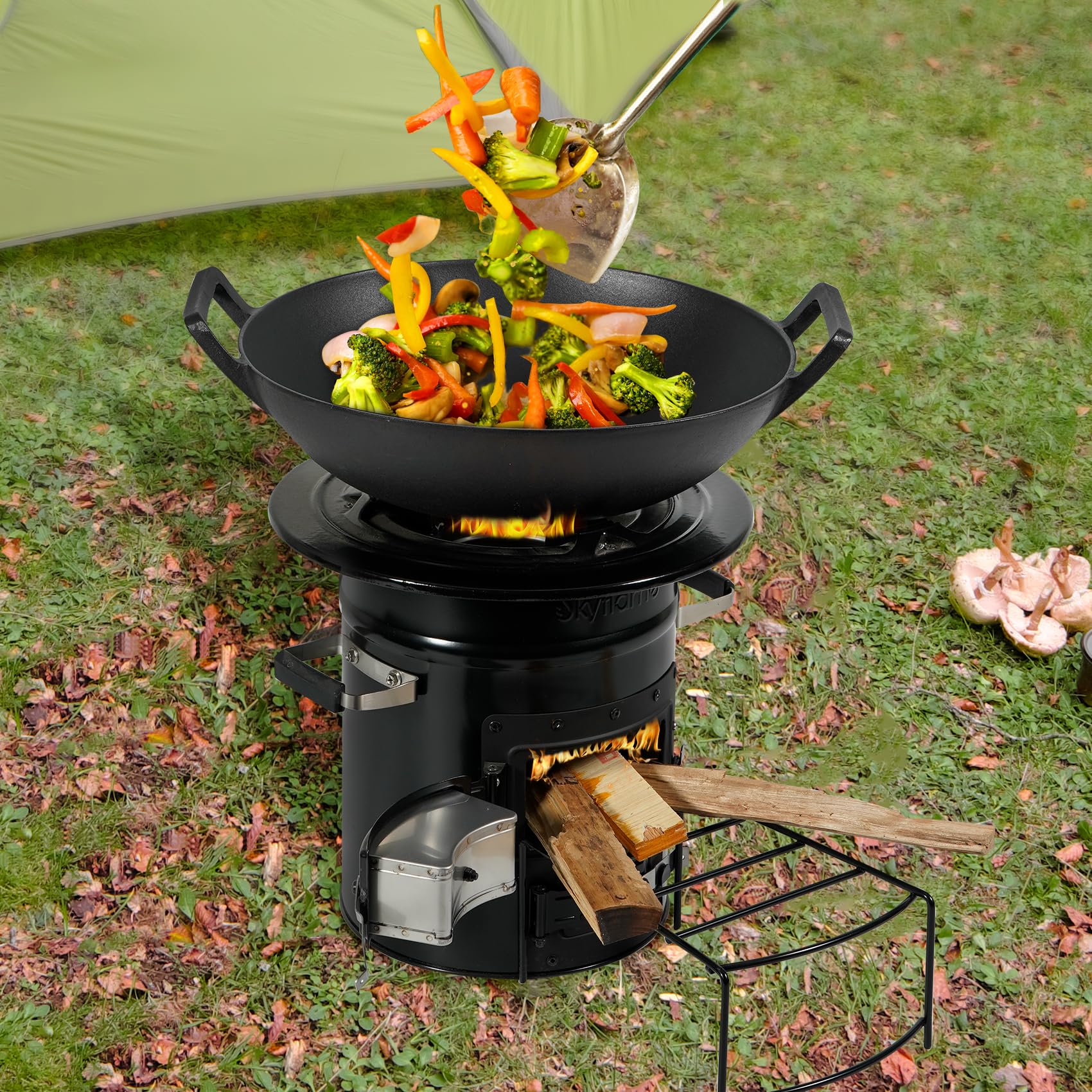 Skyflame Wok de hierro fundido de 14 pulgadas con asas, compatible con el sistema de barbacoa Weber Gourmet y el sistema Spirit II y Genesis II GS4, sartén antiadherente pre-sazonada para parrilla,