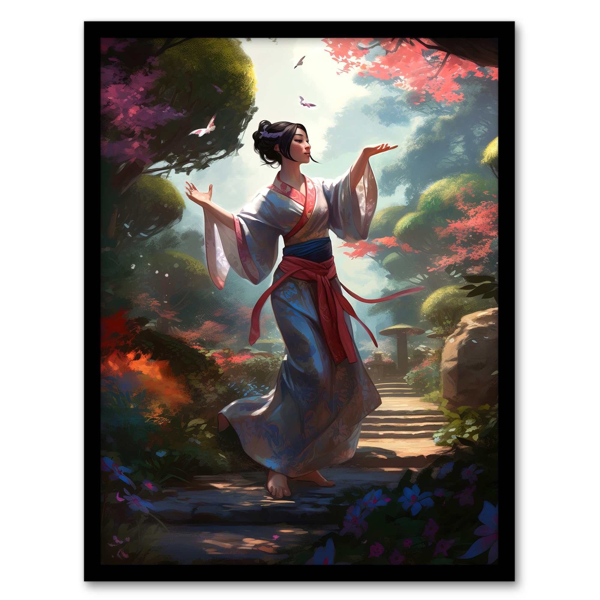 Artery8 Geisha Performing in Tranquil Garden Painting Graceful Traditional Dance in Spring Bloom Flowers Artwork Framed Wall Art Print A4