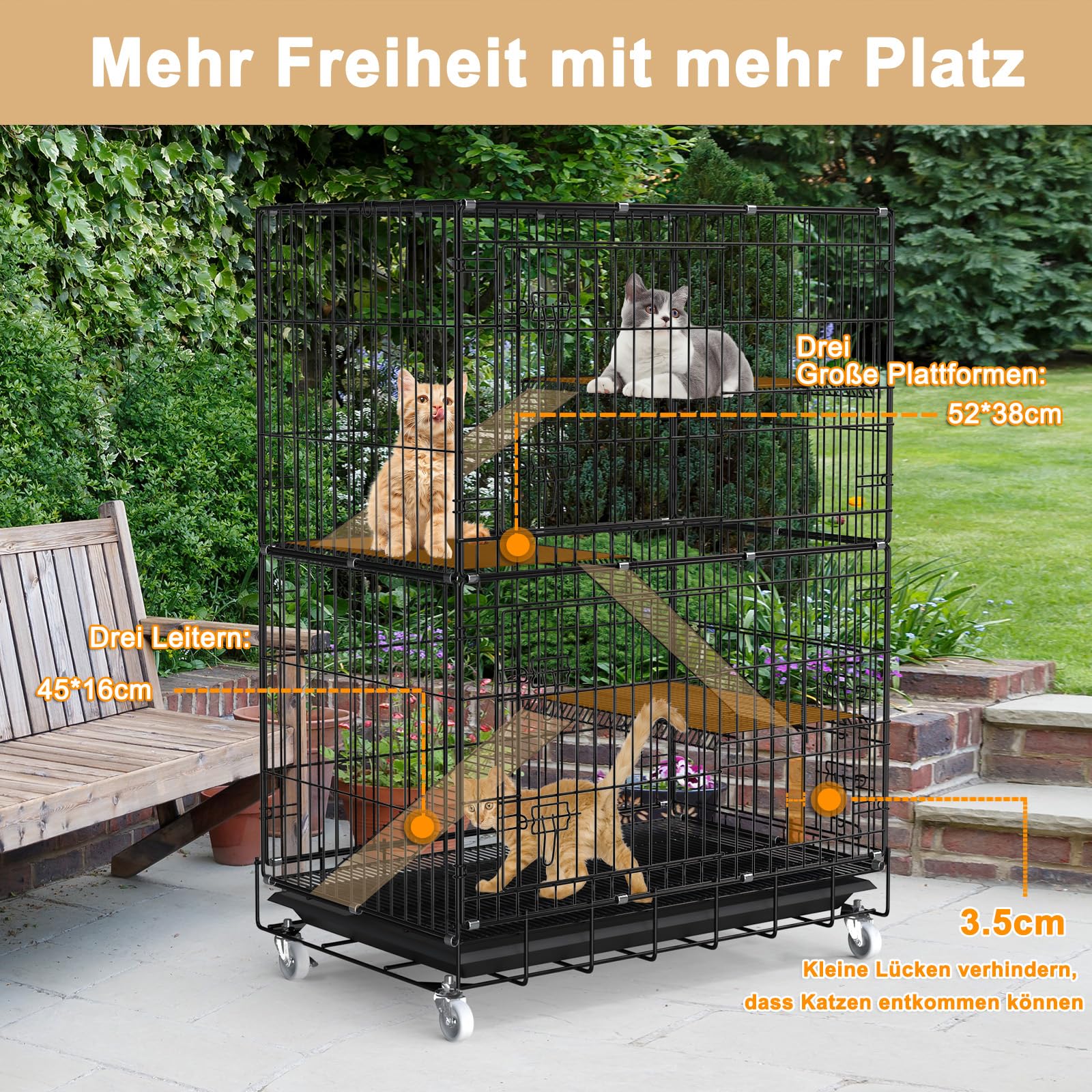 Jaula grande para gatos con 4 niveles, plegable con 360 ruedas giratorias, rampa de escalera, balcón, interior, exterior, jaula de metal para 1-3 gatos, 90 x 55 x 125 cm