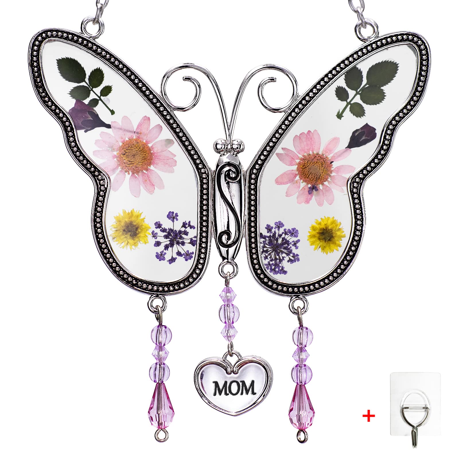 BOGDAN Butterfly Suncatcher with Pressed Flower Wings Mother's Day Butterfly Glass Wind Chime Ornament Charm with Metal Heart Happy BirthdayGifts for Mom with Free Hook (Mom)-image-14