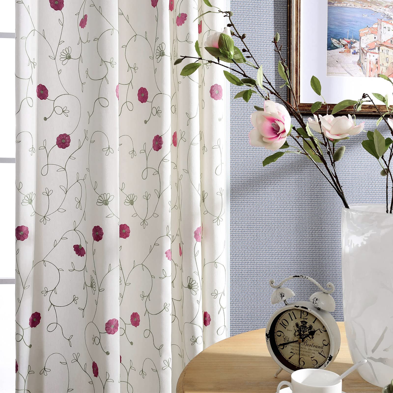 VOGOL Elegant Floral Embroidered Curtains, Simple Style Grommet Window Panels for Bedroom Living Room, 2 Panels, 52 x 63, Pink Flowers in White