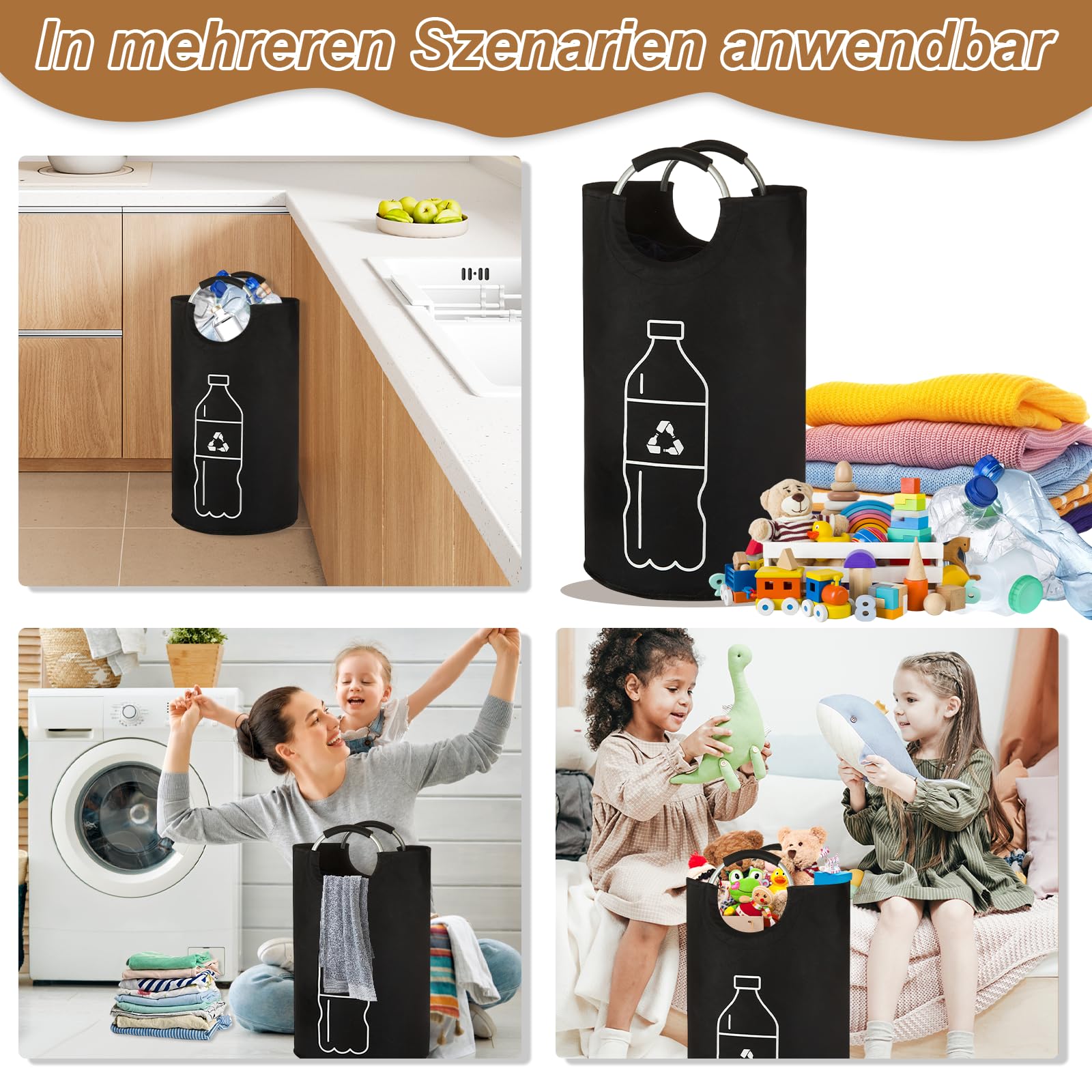 Raccoglitore di Bottiglie 115L, Pattumiera Differenziata per Carta Plastica Vetro, Contenitore Cucina con Manico in Alluminio—Nero