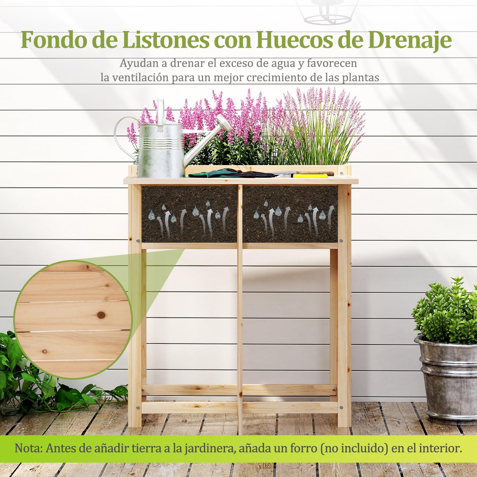 COSTWAY Cama de Jardín Elevada de Madera con Patas, Mesa Lateral Plegable, Drenaje, Caja de Plantación Elevada para Flores Hierbas Verduras Frutas, Jardinera Interior Exterior para Patio Trasero