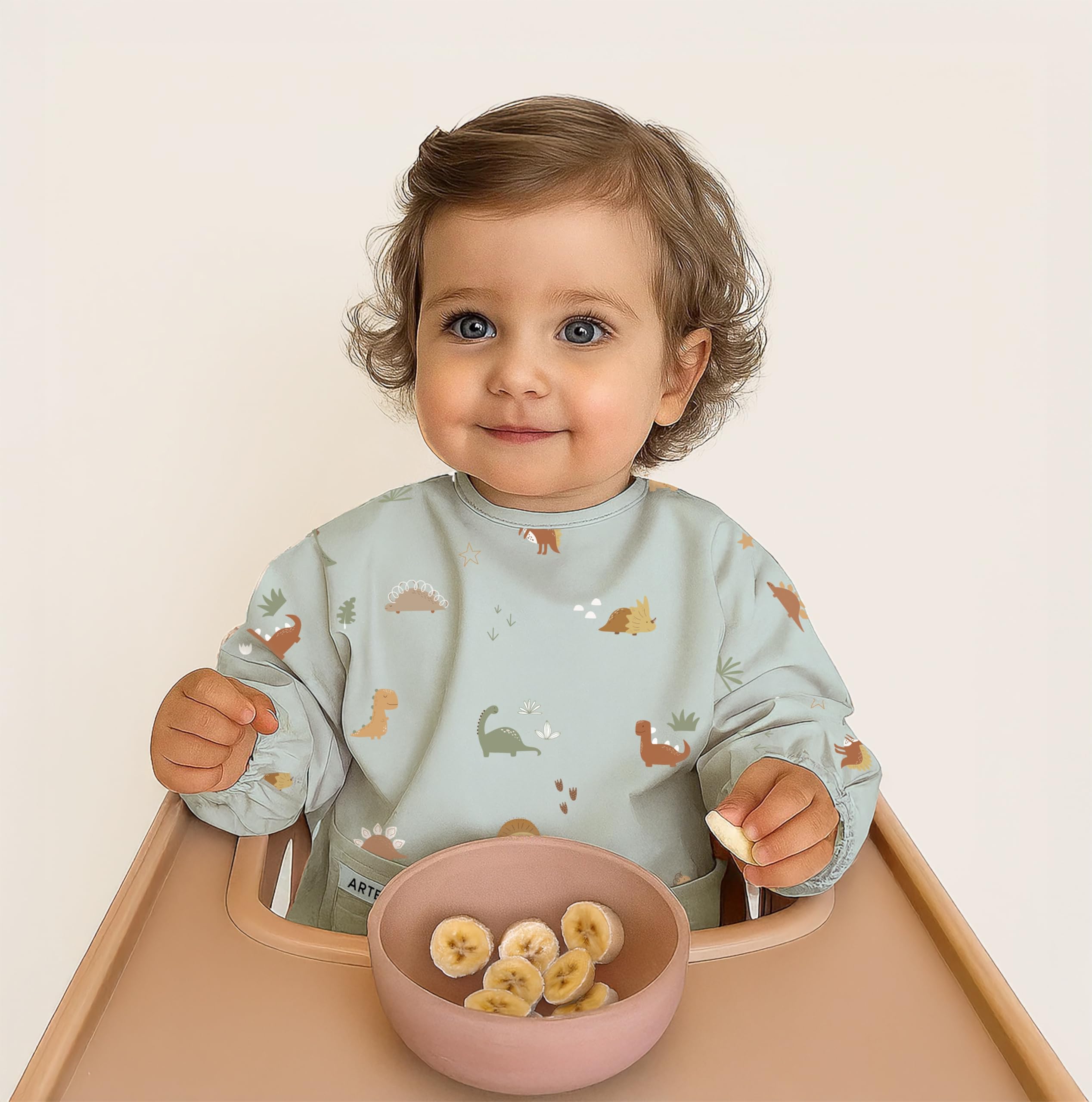 ARTEE Sleeved Bib Coated Waterproof Wipe Clean Bib with Sleeves Baby Waterproof Bib Gift, Dinosaurs, M - Image 2