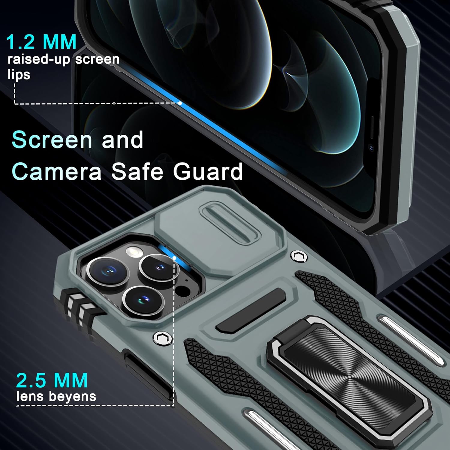 DEERLAMN Case for iPhone 12 Pro Max with Slide Camera Cover+Screen Protector(1 Pack),Rotated Ring Kickstand Military Grade Shockproof Protective Cover 6.7 Inch-Grey - Image 5