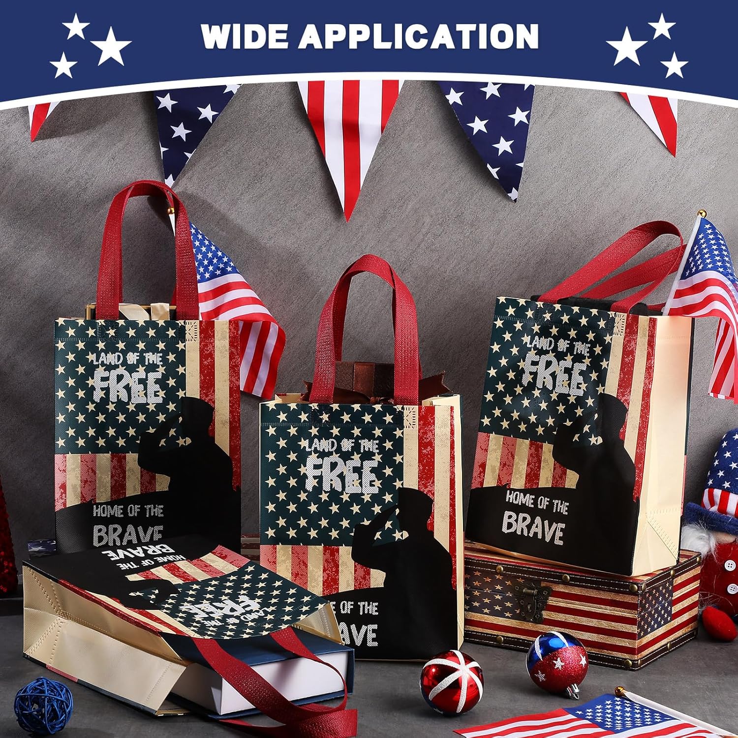 Frienda 50 Pcs Patriotic Gift Bags Bulk Memorial Day Non Woven Gift Goodie Bags with Handles American Flag USA Veteran Souvenirs Military Gifts Church Party Supplies Decorations Favors