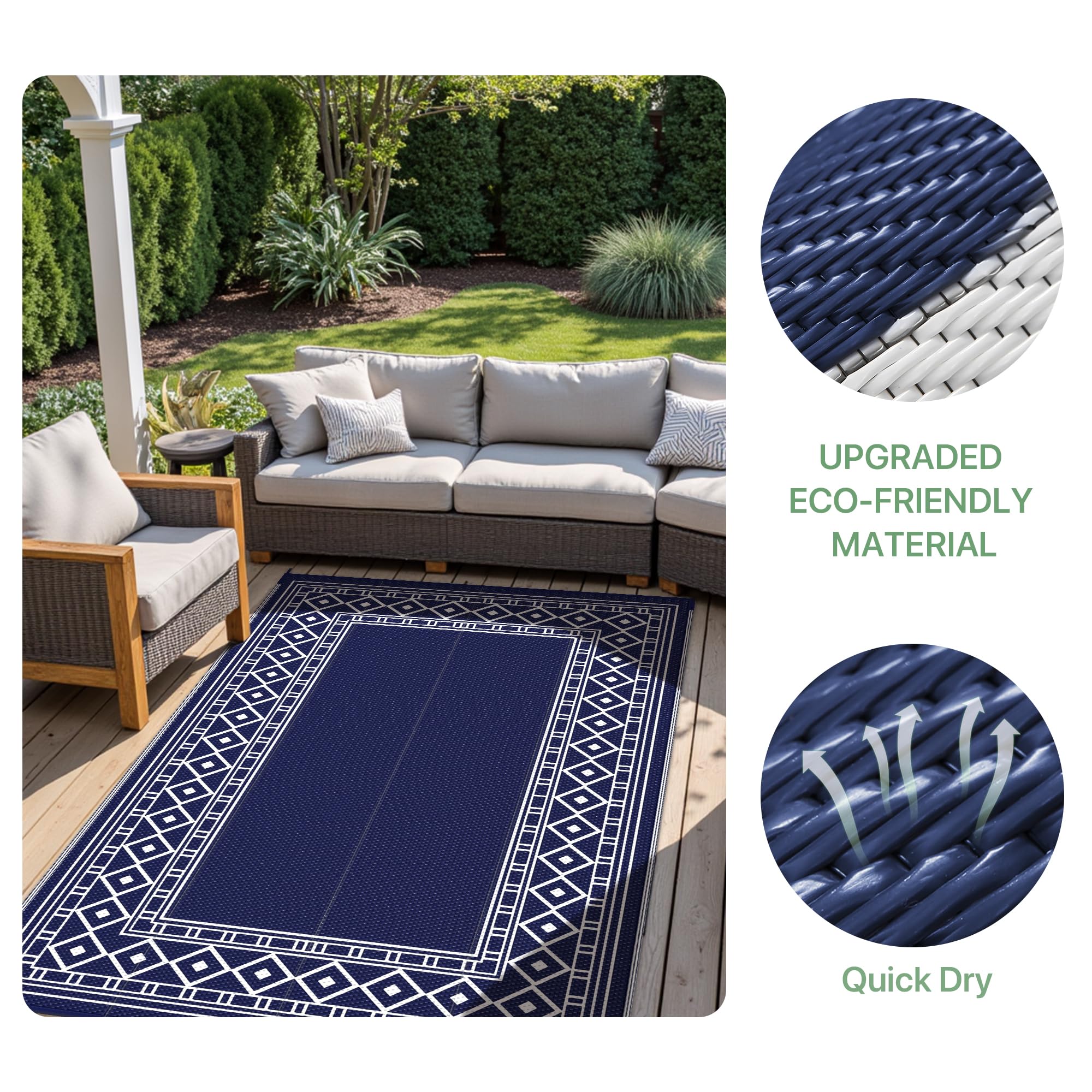 GENIMO Alfombra de exterior impermeable de 9 x 12 pies para patio, plegable, reversible, de pajillas de plástico para remolques de viaje, tapete de exterior para caravana, cubierta, picnic, porche,