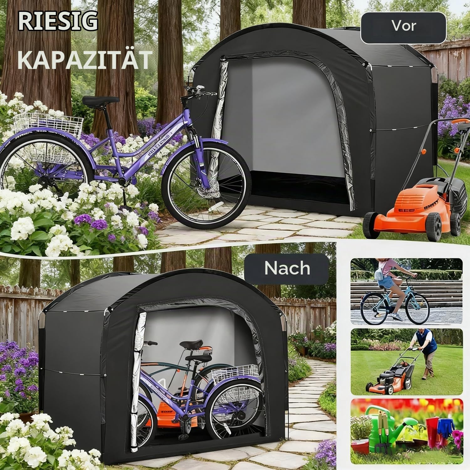 Fahrradzelt Schwarz 220x150x185 cm – Wasserdicht, Sonnengeschützt, Staubdicht, Tragbar – Garagenzelt Winterfest für Fahrrad Garage Outdoor, Großes Zelt für 1-4 Fahrräder